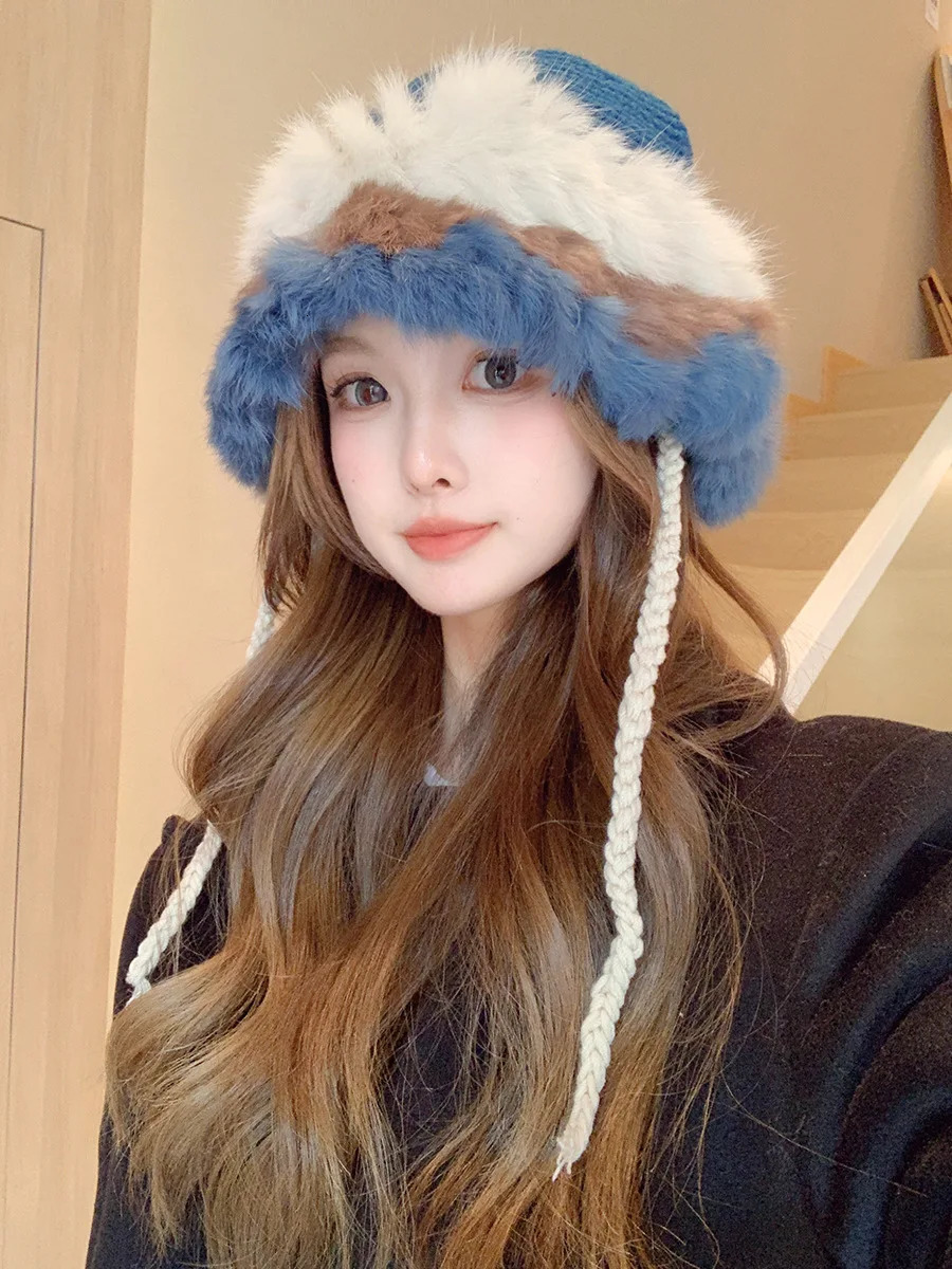 Autumn and Winter Dopamine Stripe Patch Colorful Rabbit Hair Handmade Knitted Hat Womens Display Mini Winter Warm Hat 241205