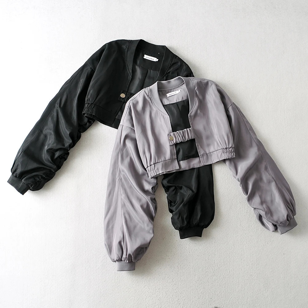Women Streetwear Ruched Sleeve Casual Basic Cropped Bomber Coat Female Outwear Plain Gray Black Short Women Baseball Jackets 241205
