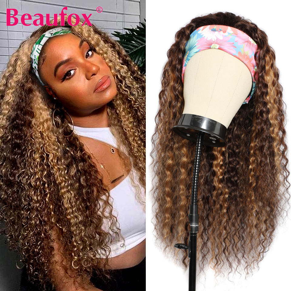 Beaufox Water Wave Headband Wigs For Black Women Brazilian Scarf Hine Made Highlight Curly Human Hair Wig