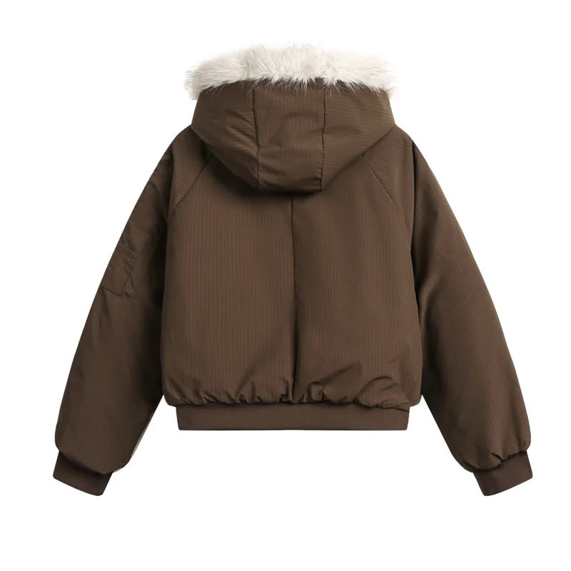PFNW unisex winter warm fur collar hooded bedding jacket trend brown loose leather cover short cotton padded jacket 241202