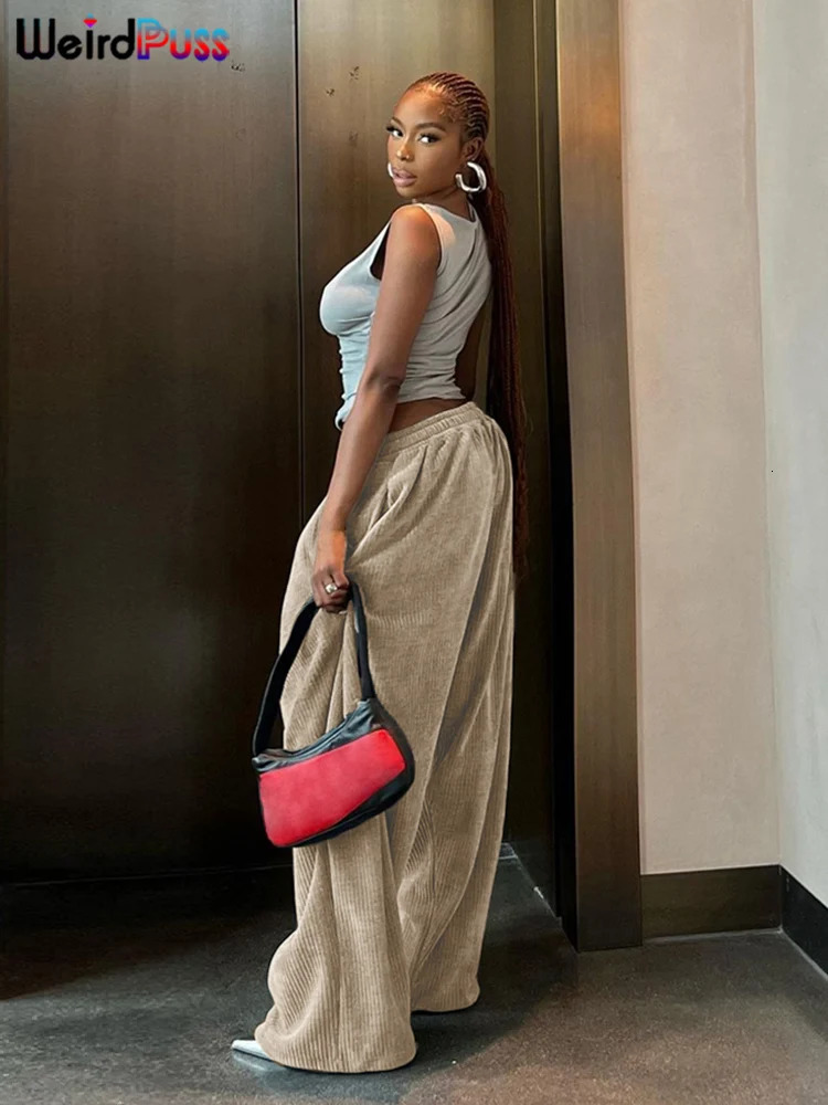 Weird Puss Y2K Casual Wide Leg Pants for Women in Autumn Loose and Simple Pocket High Waist Trouser Corduroy Streetwear Long Bottom 241202