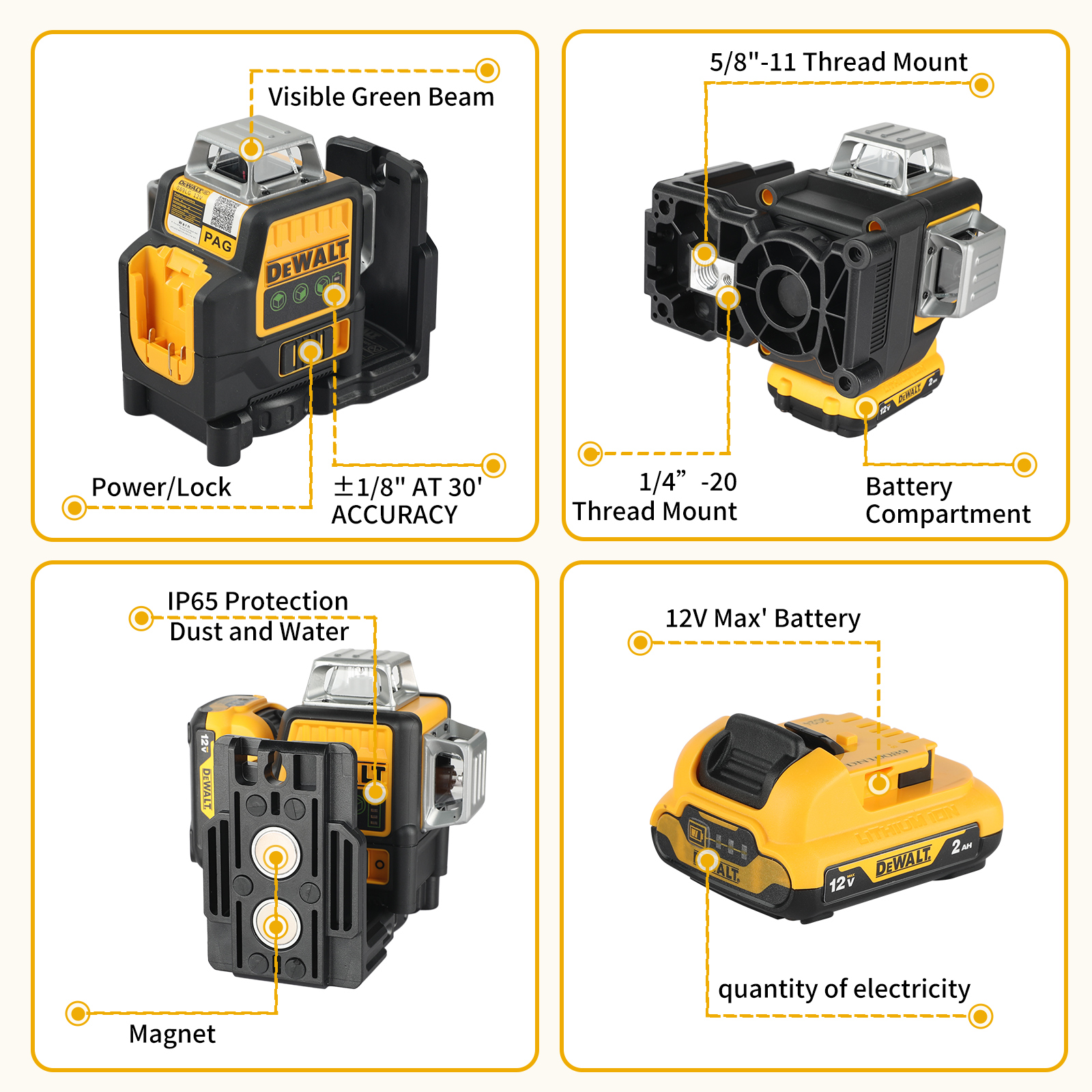 Dewalt DW089LG 3 Sides*360 Degree Vertical 12V Lithium Battery 12 Lines Laser Green Meter Outdoor
