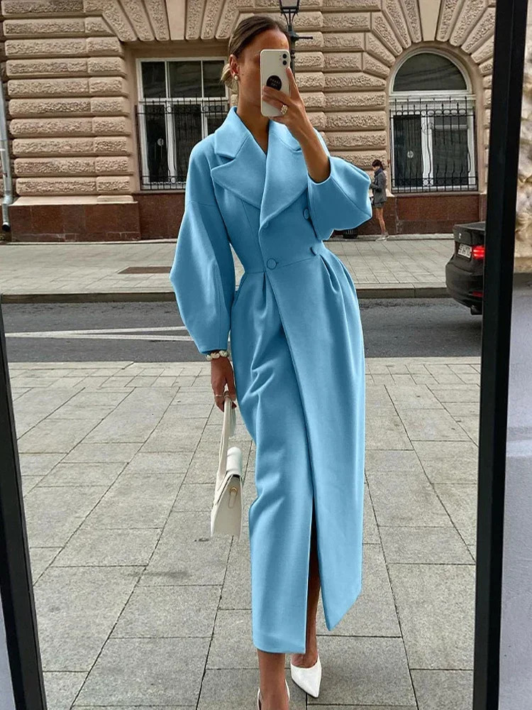 Women Lapel Lantern Sleeve Long Jackets Solid Double Breasted Waist Fold Woolen Coat Winter Thick Warm Female Elegant Outwear 241204 - view 4