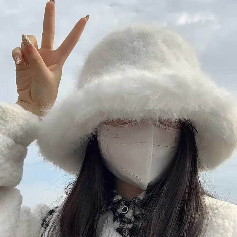 Korean style Kawaii white fluffy winter hat Harajuku womens clothing Emo aesthetic warm winter bucket hat Y2k accessories Kpop 241205