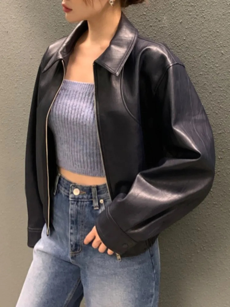 EWQ Korean Vintage Chic Long Sleeve Lapel Zipper PU Leather Jacket Casual All-match Women Suede Coat 2024 Autumn 16O3097 241204