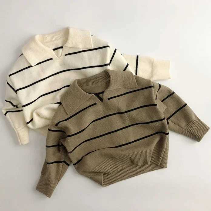 Childrens striped Korean sweater with spring and autumn V-neck and floral pattern boys cotton turtle neck sweater winter girls top W241205