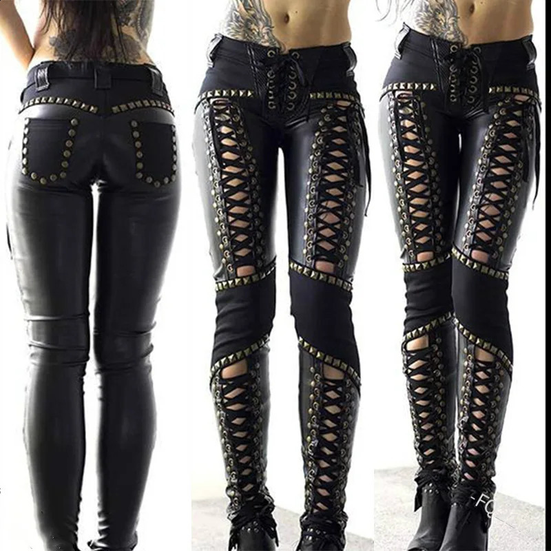 Women Pants Punk Rock Leather Pencil Sexy Hollow Out Bandage Leggings Streetwear Womens 241205