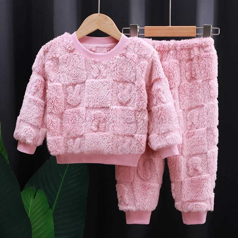 Two-piece Autumn Winter Home Sleepwear Set Boys Baby Fleece Warm Outdoor Children Girls Homewear Suits Thickened Ammonia FabricXJ241205
