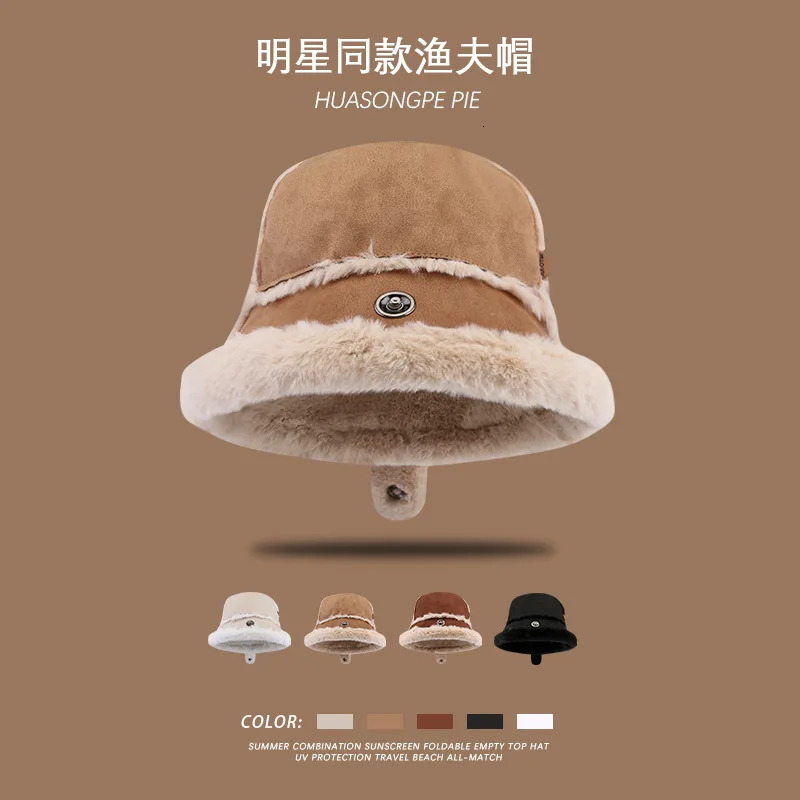 Wool lined thickened celebrity bucket hat for womens winter warmth fully matched with Korean style plush hat fashionable suede bean 241205