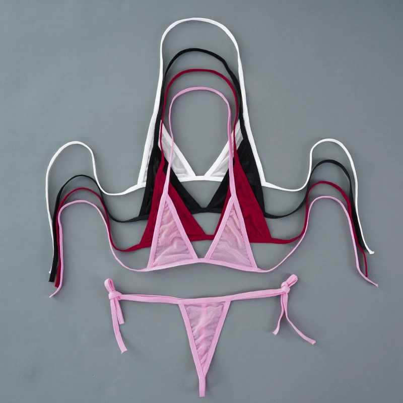 Sexy Mini Bra Sets Wirefree Ultra-thin Mesh Unlined Bra Brief Set Black Transparent 2 Pieces Halter Womens Exotic Lingerie SetsXJ241205