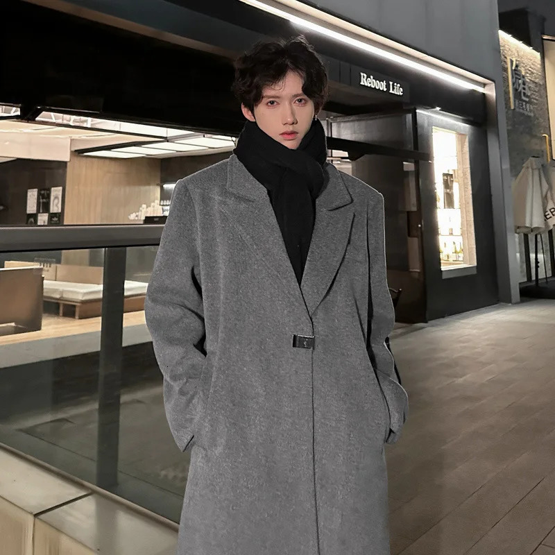 PFHQ Winter Mens Long Wool Coat Trendy Shoulder Cushion Slot Solid Color Long Sleeve Mens Top 21AZ3667 241204