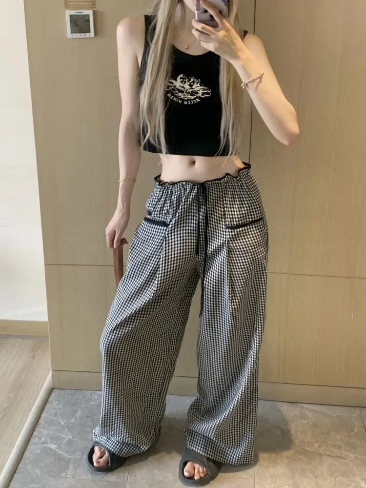 HOUZHOU Sweet Black Women Plaid Pants Coquette Japanese Style Cute Wide Leg Trousers Harajuku Kawaii Palazzo Pants Vintage Y2k 241204