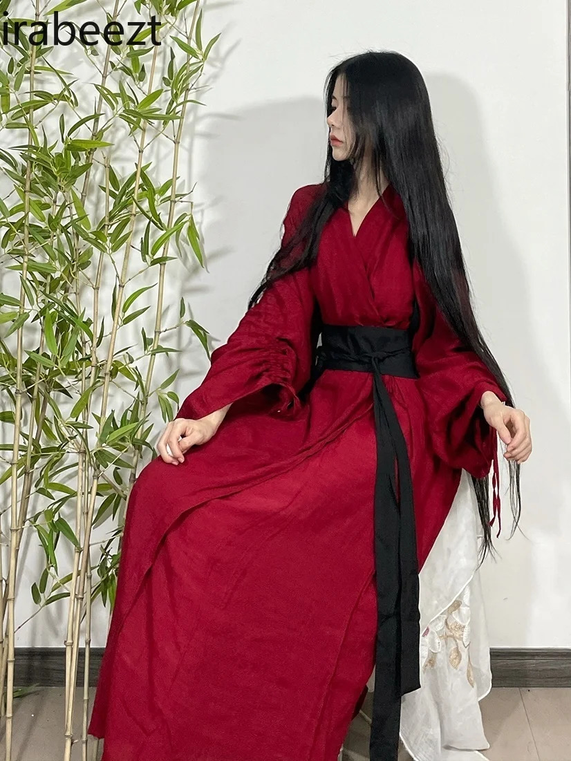 Autumn and Winter Chinese Suit Wei Jin Dynasty Hanfu Printed Skirt Coat Art Outside Acient Loose Long Dress for Women 241205