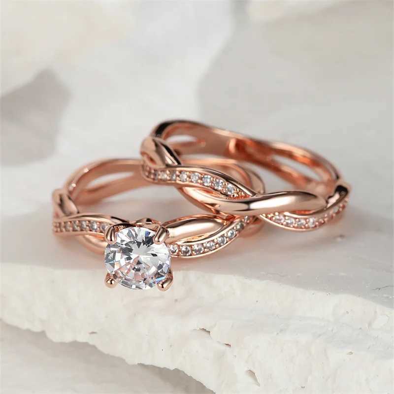 Female Round Zircon Bridal Set Silver Gold White Crystal Cross Wedding Band Promises Female Engagement Ring W241205