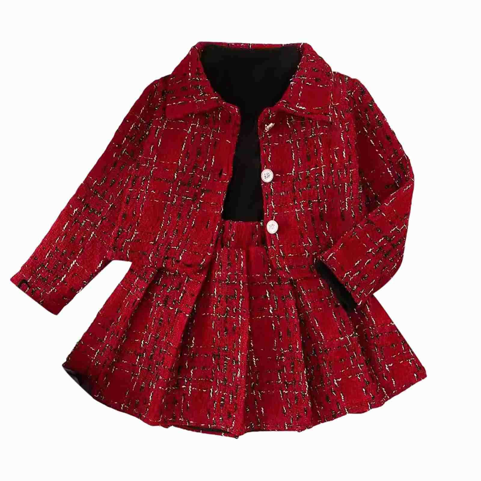 Spring And Autumn Girls Clothes Set 4Y5Y6Y7Y Plaid Coats+Long Sleeved Ribbed Tops+Skirts Three Piece Outfits Children ClothesXJ241205