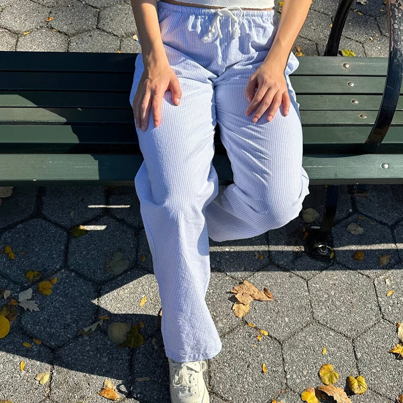Comfy Loung Pants Streetwear Casual Tie Up Waist Wide Leg Trousers Y2K Vintage Striped Loose Pants Women Pajamas Sleepwear 241204
