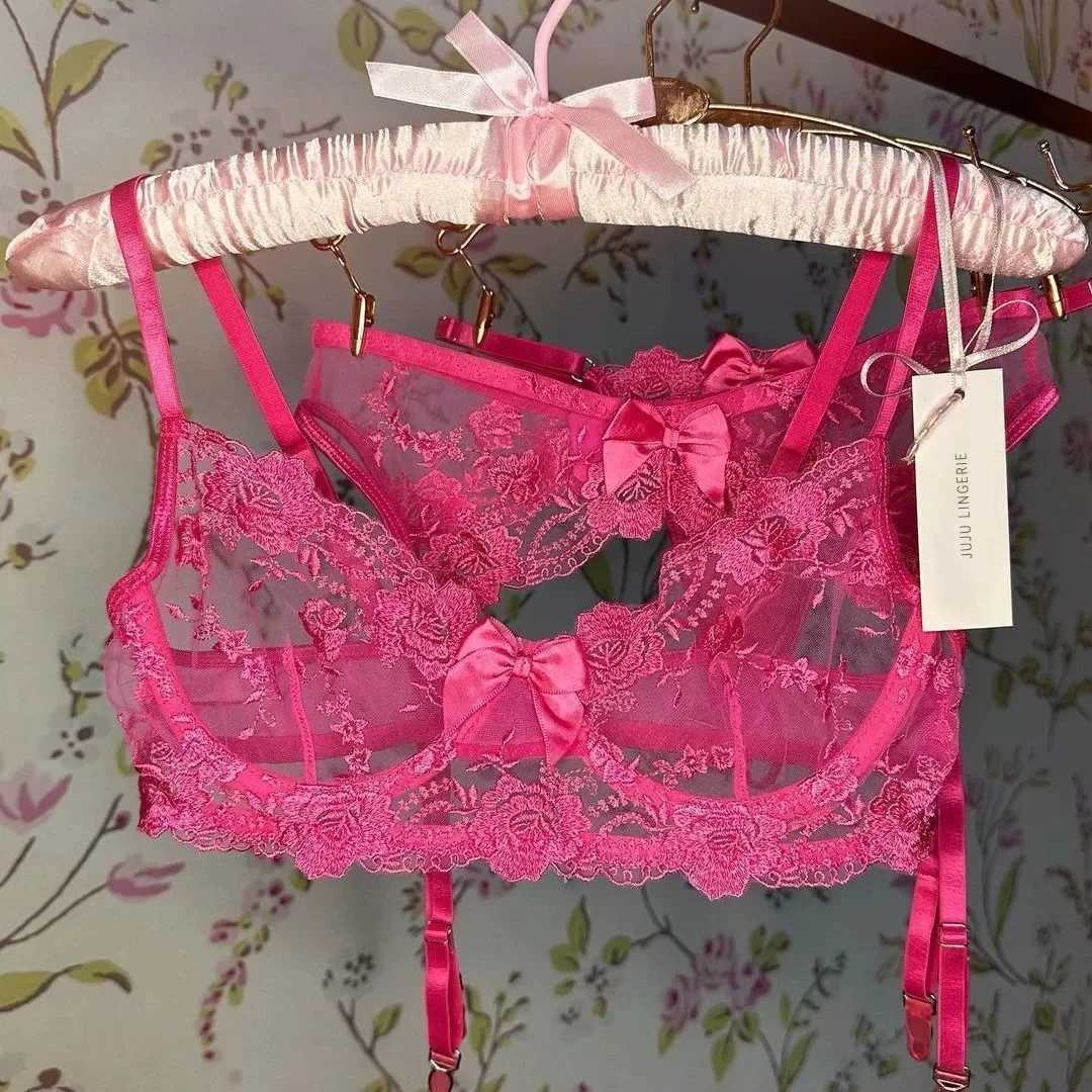 Ultra Thin Lace Sexy Bra Set Bow Women Large Size Lingerie with Underpants Suit Pink Color Ladies UnderwearXJ241205