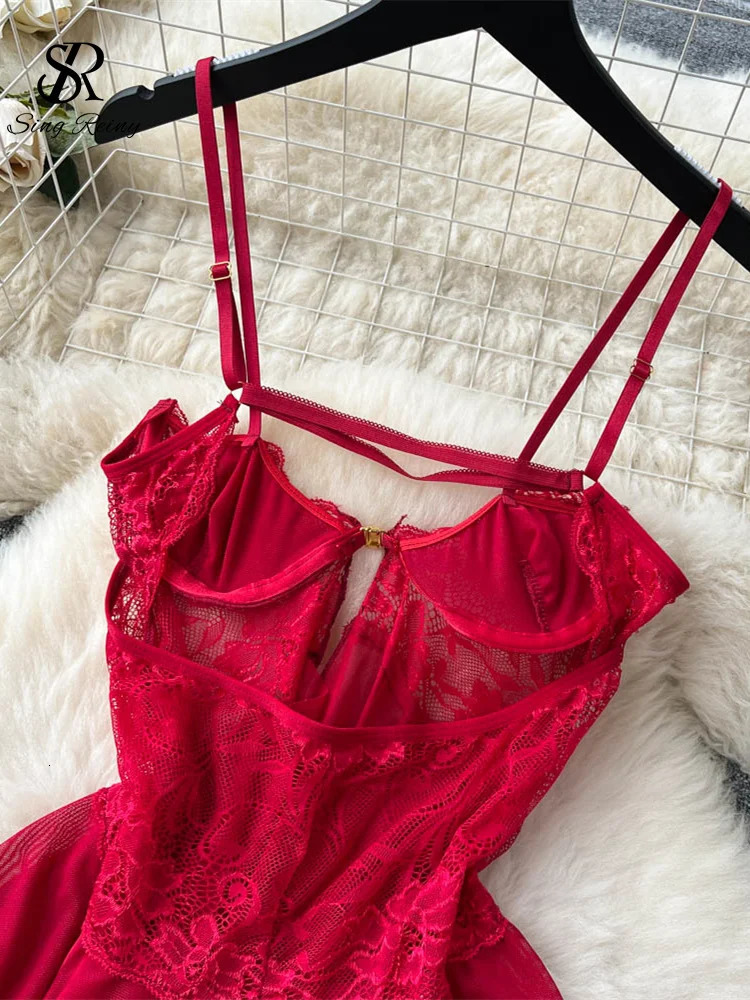 SINGREINY Sensual Sleepwear Porno Night Dress Women Mesh Spliced Camis Nightgowns Summer Split Sexy Sheer Pajamas Dress 241205