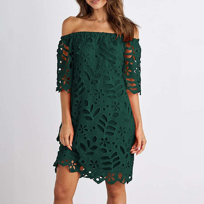 Spring Summer European American Lace Mid Sleeve Commuter Dress, strapless Fashion Short Skirt, 2024 New Style, Unique and Elegant Clothing