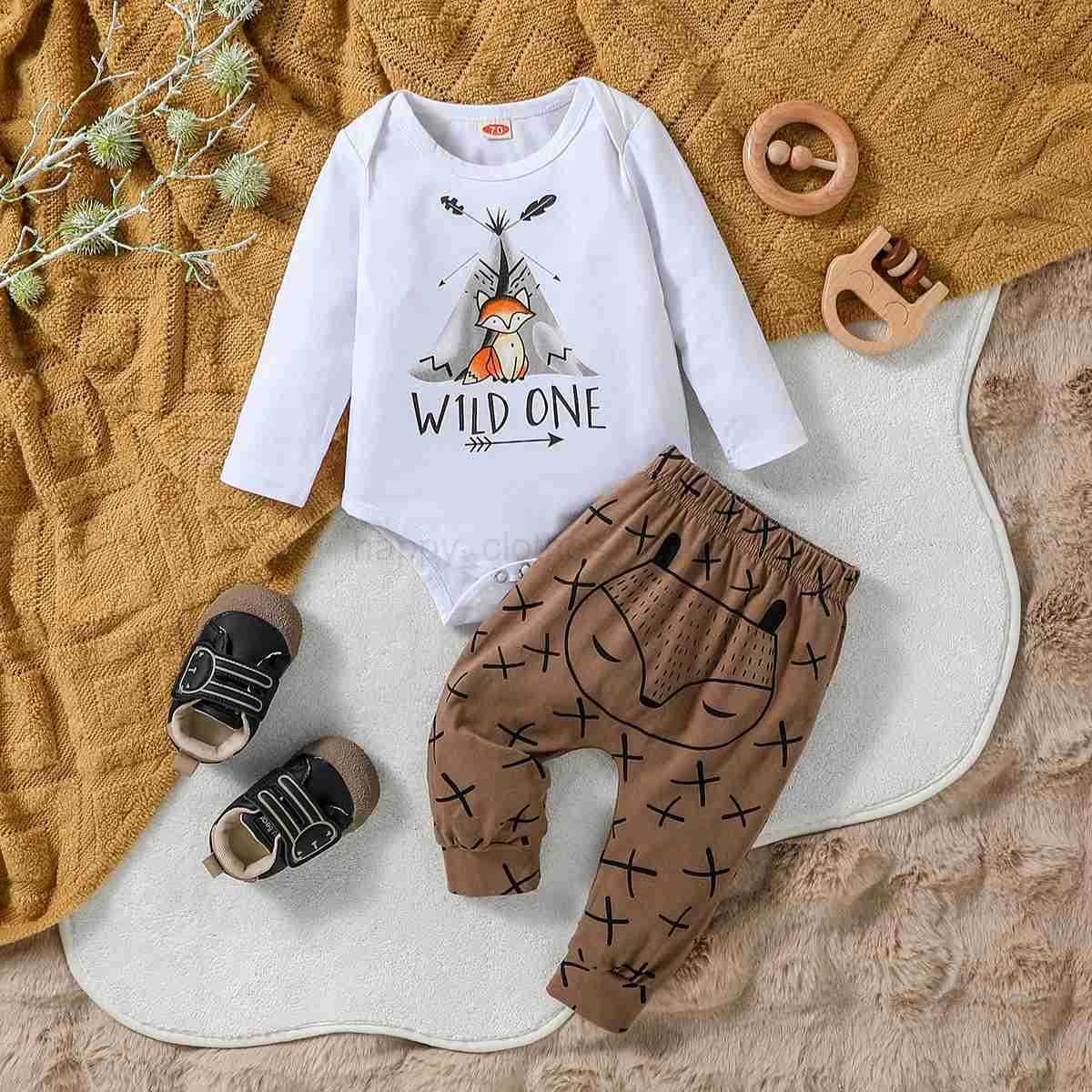 2024 Autumn Baby Boy Cotton Soft 0-18M Fox Print Long Sleeve Top Romper +Trousers 2 Pcs Cute Casual SetXJ241205
