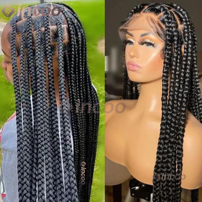 36 Inch Synthetic Larger Box Braided Afro Knotless 360 Full Lace Frontal Braid Wigs Black Women Prepluck Baby Hair Incoo