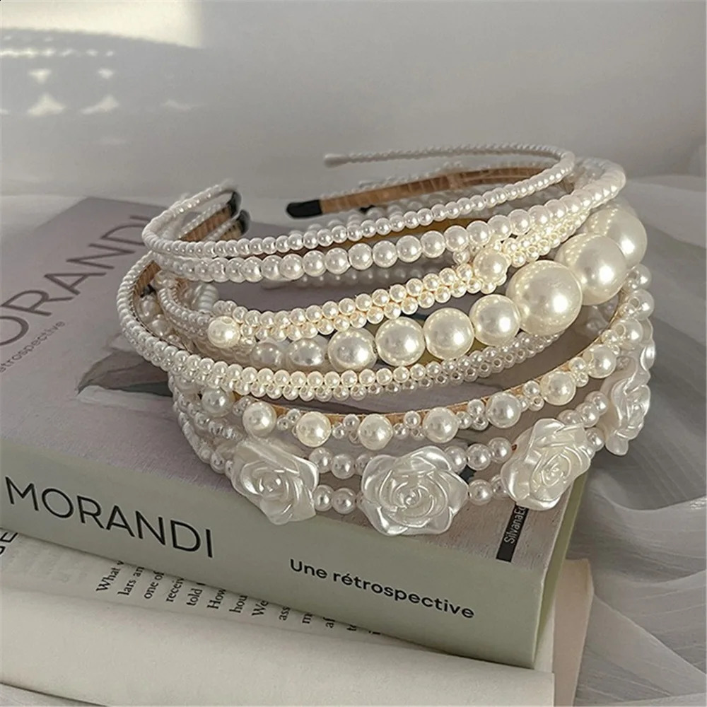 Elegant Big White Pearl Headbands for Women Girl Handmade Simple Rose Flower Hairbands Wave Retro Hairhoop Headdress Accessories 241122