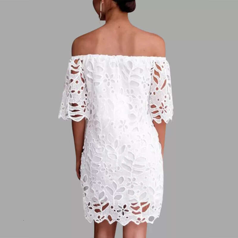Spring Summer European American Lace Mid Sleeve Commuter Dress, strapless Fashion Short Skirt, 2024 New Style, Unique and Elegant Clothing