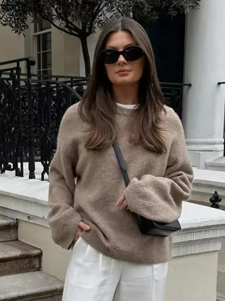 Brown Casual Round Neck Knitted Pullover Women Fashion Long Sleeve Loose Short Sweater 2024 Autumn Lady Street Knit Tops 241204