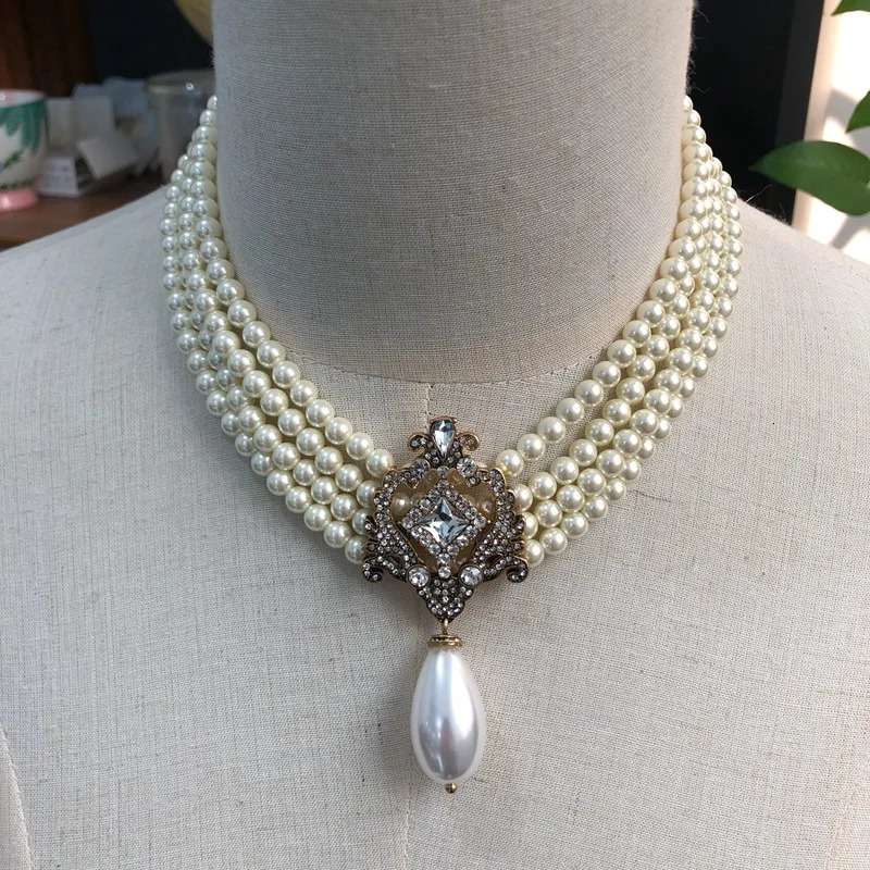 Multi layer glass pearl necklace with gemstone droplet pendant sweater chain earring set 241205