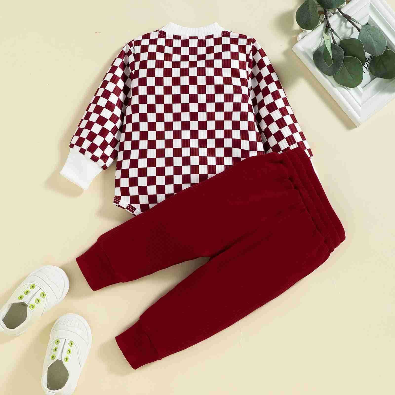 2PCS Autumn Boys And Babies Aged 0-2 Years Old Casual Fashionable Checkerboard Long-Sleeved Top + Solid Color Pants SetXJ241205