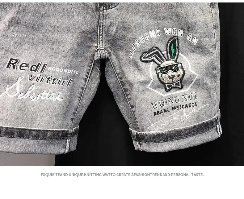 Korean Fashion Kpop Mens Casual Streetwear Boyfriend Denim Shorts with Rabbit Embroidery for Summer Grey Short Jeans 241205