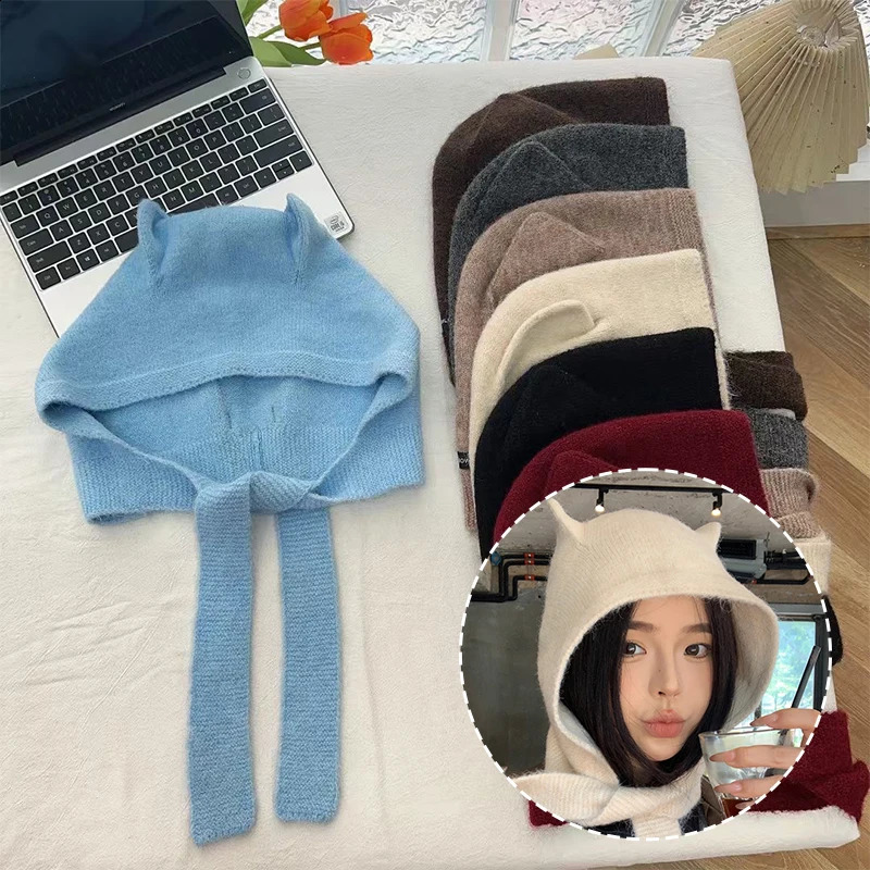 Korean solid wool fluffy cat ear knitted hat autumn thick warm hat fashionable protection ear and neck protection hat 241205
