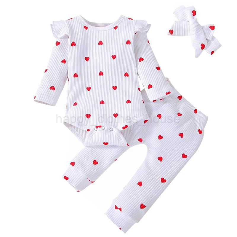 New Autumn and Winter Baby Sle Flying Sleeves with Heart Printed Sweet and Cute Three Piece Set Paired with Bow HeadbandXJ241205