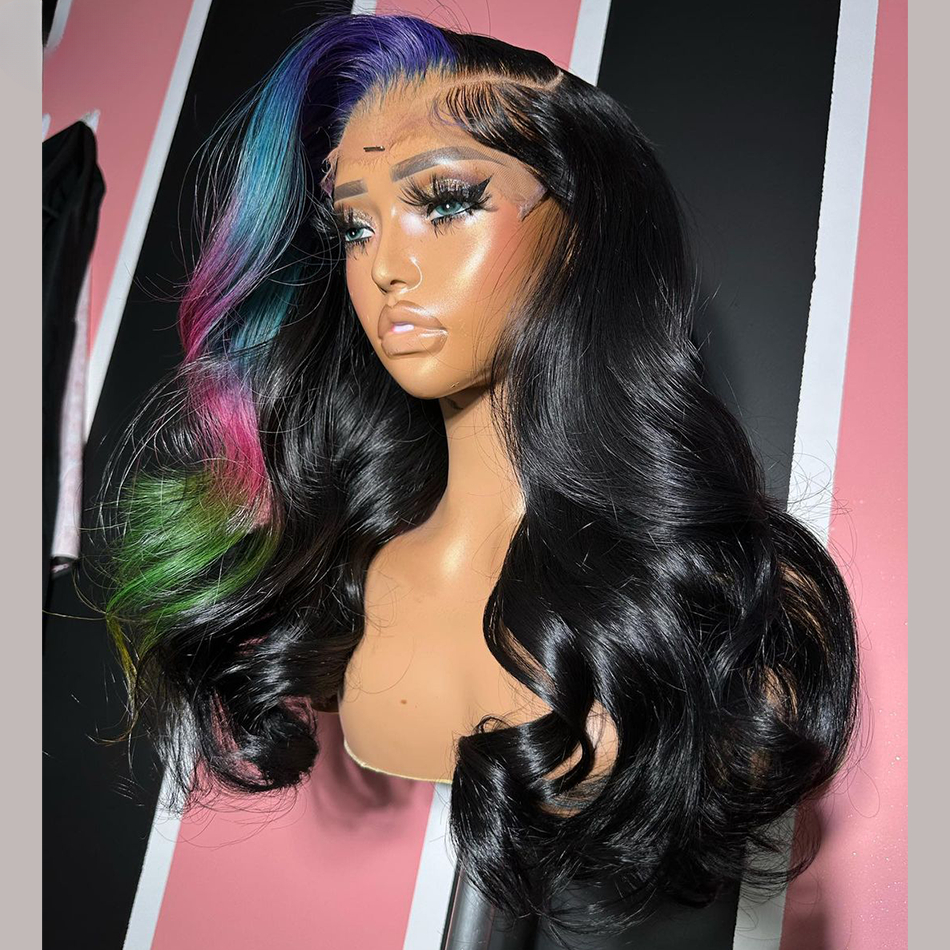 Free shipping Highlights Blue Blonde Colored Transparent Lace Frontal 13x4 Body Wave Human Hair Wigs PrePlucked Wig For Black Women