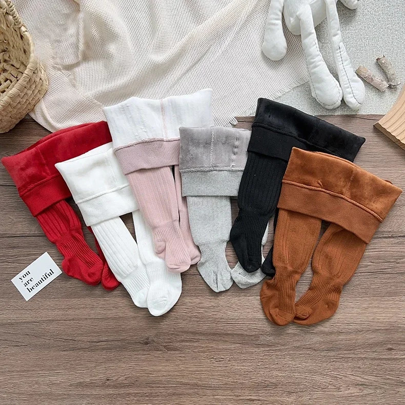 Kids Super Thicken Warm Winter Tights for Girls Vertical Stripe Cotton Toddler Baby Velvet Tights Children Solid Plush Leggings 241204