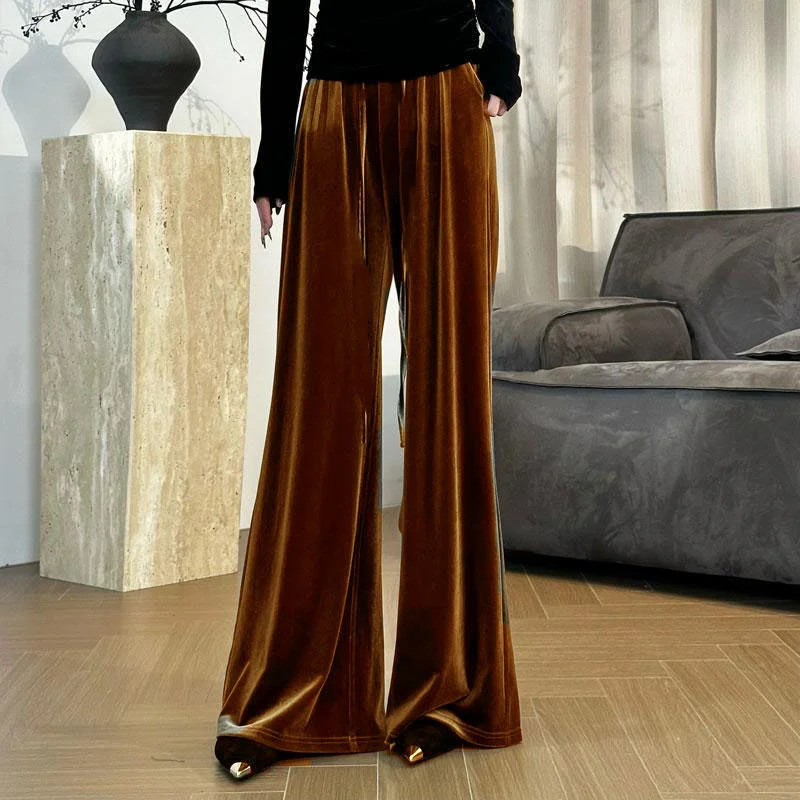 Simplicity Office womens autumn and winter pleated pants womens solid pocket elastic high waist fashionable straight wide leg Trouser 241202