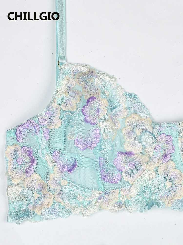 LLGIO Women Embroidered Floral Bra Brief Suits Sexy Hotsweet Glitter Sequins Push Up Lingerie Fashion Mesh Underwear SetsXJ241205