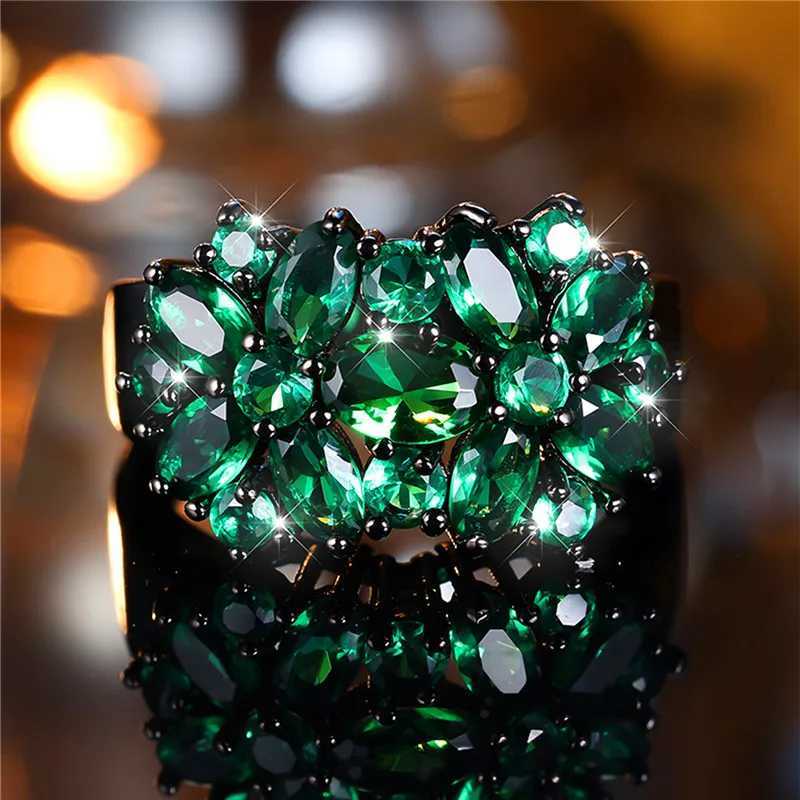 Luxury Womens Green Zircon Engagement Ring Tren Black Gold Bridal Wedding Jewelry Gift W241205