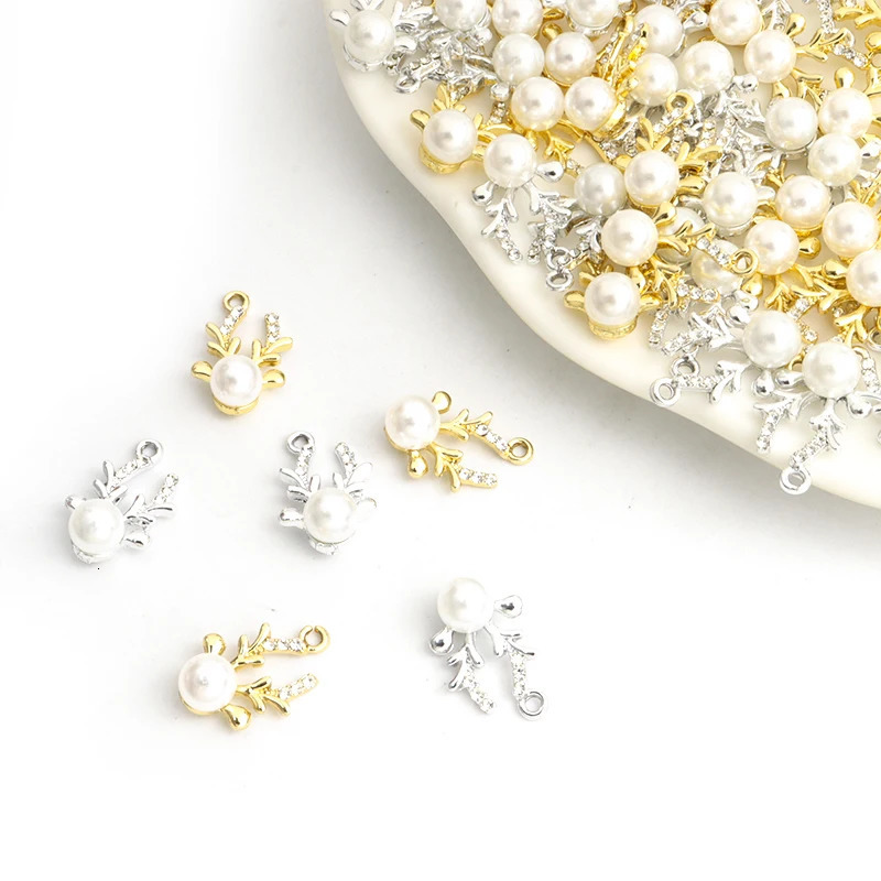 10pcs Delicate Reindeer Horn s Pearls Inlaid Charms Light Temperament Couple Jewelry Findings Christmas Decor 241122