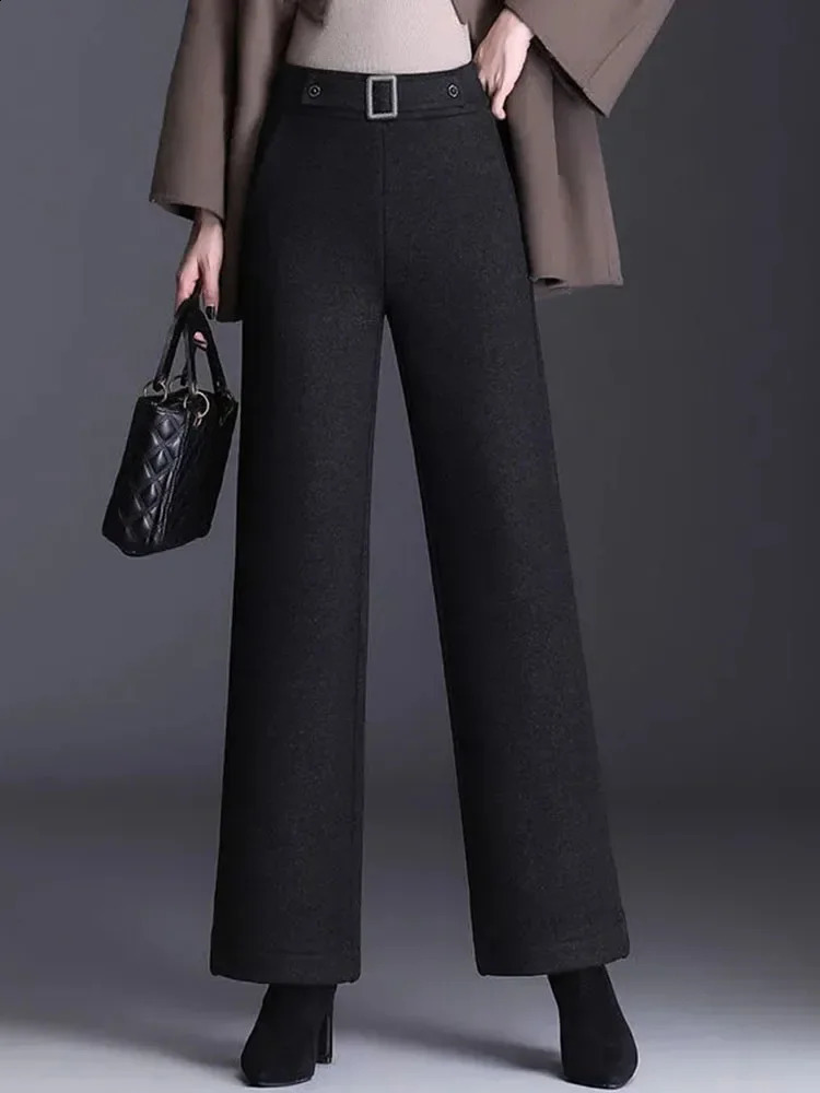 Thicken Wool Blended Straight Pantalones Woolen Wide Leg Pants Elegant Fashion Baggy High Waist Warm Pantalon Fall Winter 241205