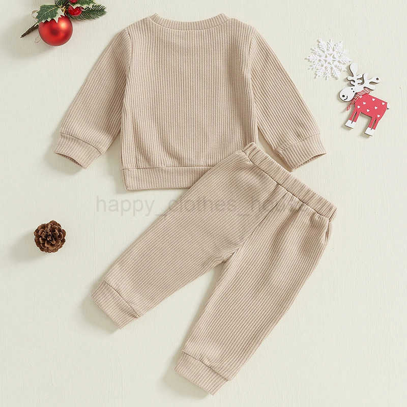 Baby Boy 2Pcs Christmas Outfits Long Sleeve Reindeer Embroidery Ribbed Sweatshirt and Pocket Drstring Pants Set Winter ClothesXJ241205