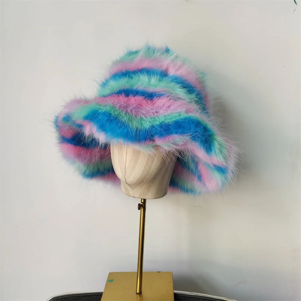 Big Fluffy Artificial Fur Bucket Hat Womens Plush Fishermans Hat Warm Winter Fishermans Hat Colorful Gorgeous 241205