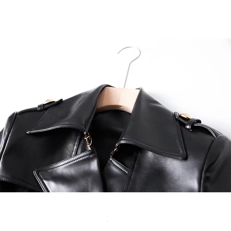 New Winter Design Double Breasted Black PU Leather Long Coats For Ladies Quality Street Women Trench With Belt