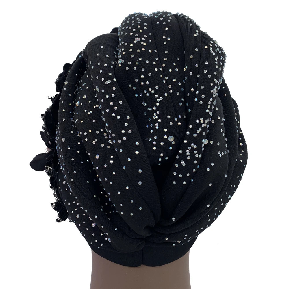 Elegant African Turban Cap with Shiny Rhinestone Ready to Wear Nigeria Auto Gele Headtie Party Womens Head Wrap Bonnet Turbante 241205