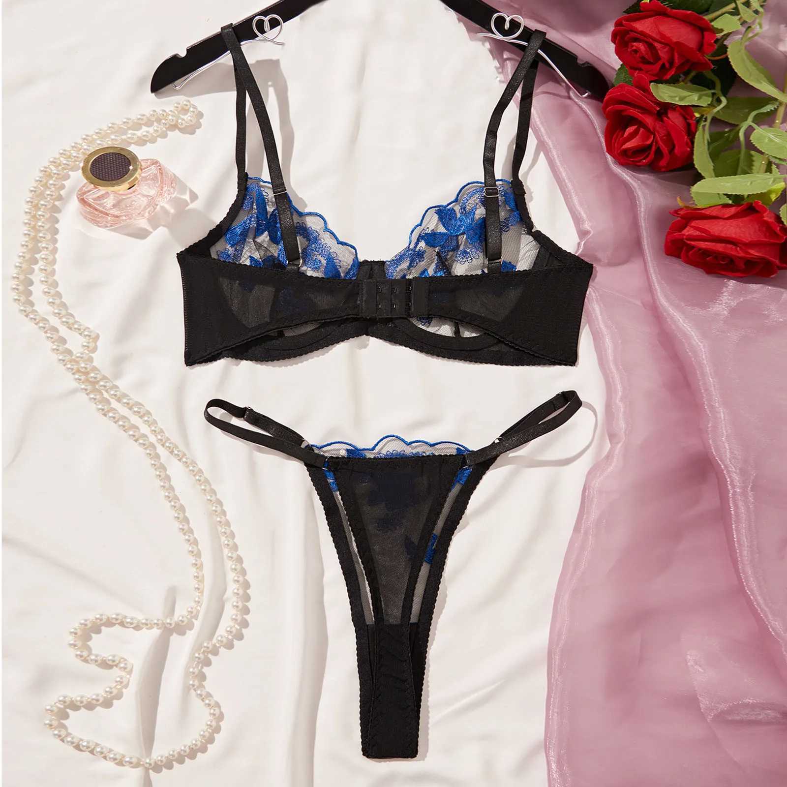 Foreign Trade In Europe And The United States Embroidered Butterfly Three Point Sexy See Through See-Through Sexy LingerieXJ241205