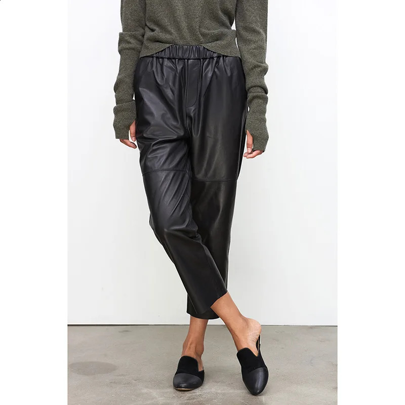 Genuine Leather Harem Pant Real Sheepskin Trousers High Elastic Waist 2024 Streetwear Plus Size Pants Y2k Fashion 241205Z