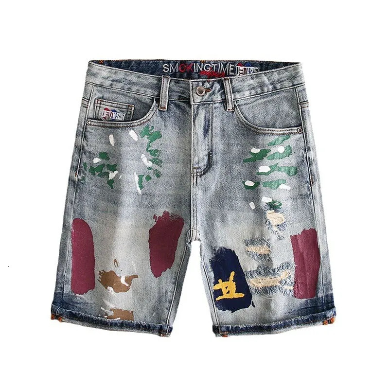 Street Fashion Men Jeans Summer Retro Blue Stretch Slim Fit Ripped Short Jeans Painted Hip Hop Denim Shorts Men 241205