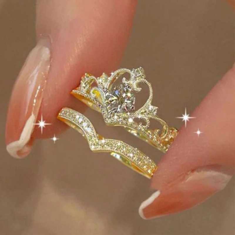 LATS 2PCS Crystal Crown Adjustable Ring Irregular Geometry Retro Ring Set Womens New Fashion Jewelry W241205