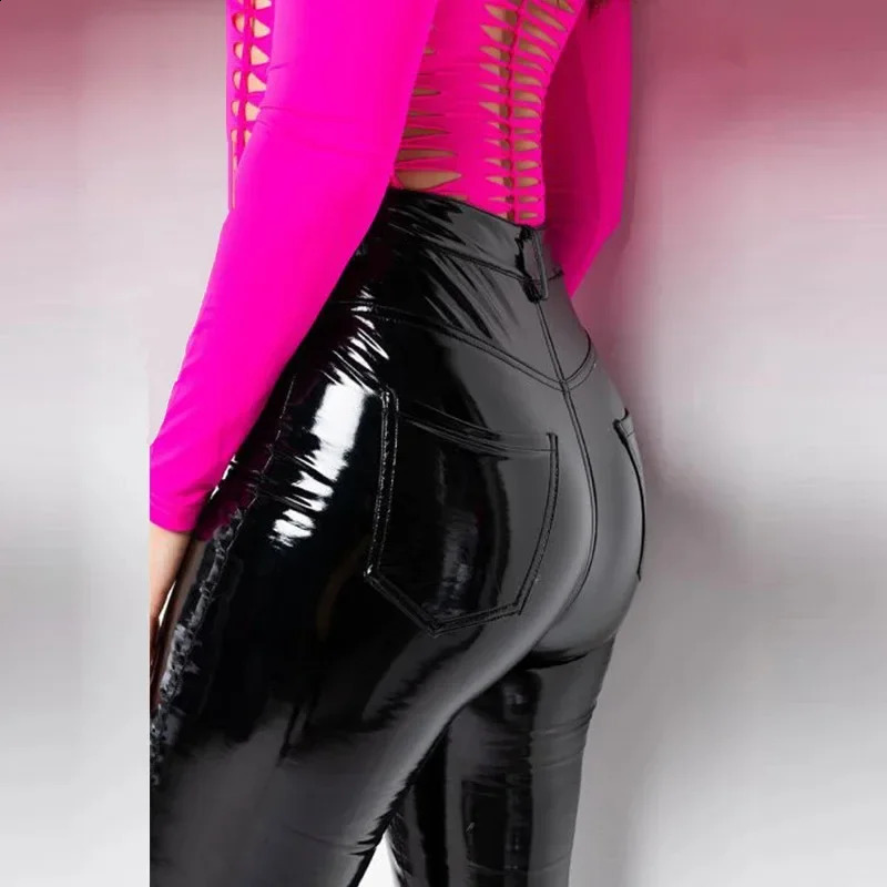 Women Plus Size Shiny Patent Leather Skinny Pants Button Zipper PU Slim Sexy Pencil Pant Nightclub Trouser Custom Streetwear 241205Z