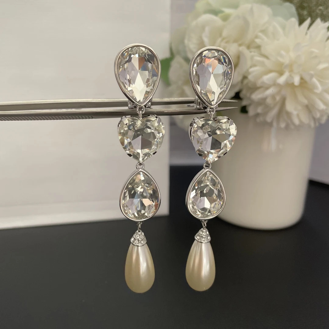Fashion long pendant earrings crystal pearl heart-shaped earrings clip womens jewelry trend 241205